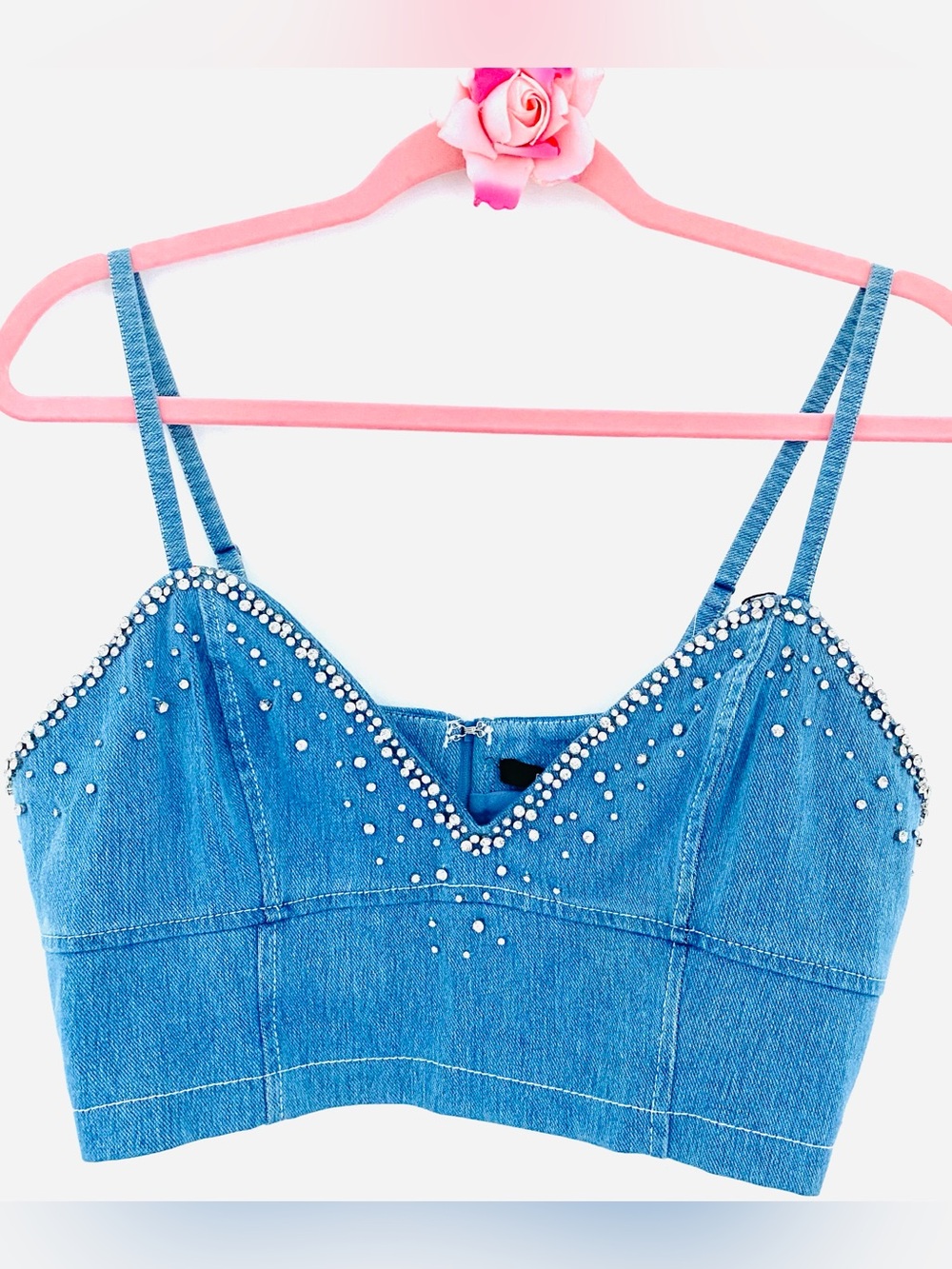 💕Pretty Denim Crystal Embellished Crop Top SZ L